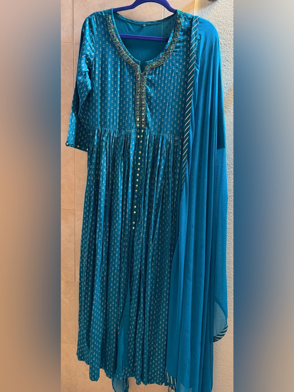 Women's Teal Maxi Dress with Gold Trim